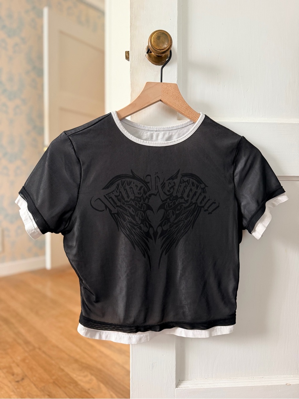 True Religion Black Layered-Look Graphic Tee with White Trim